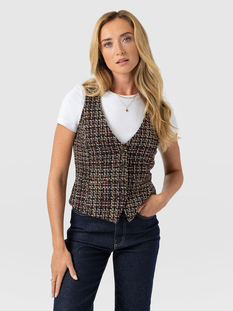 Astrid Waistcoat - Black/Burgundy/Gold Boucle - Women's Jackets | Saint + Sofia® UK