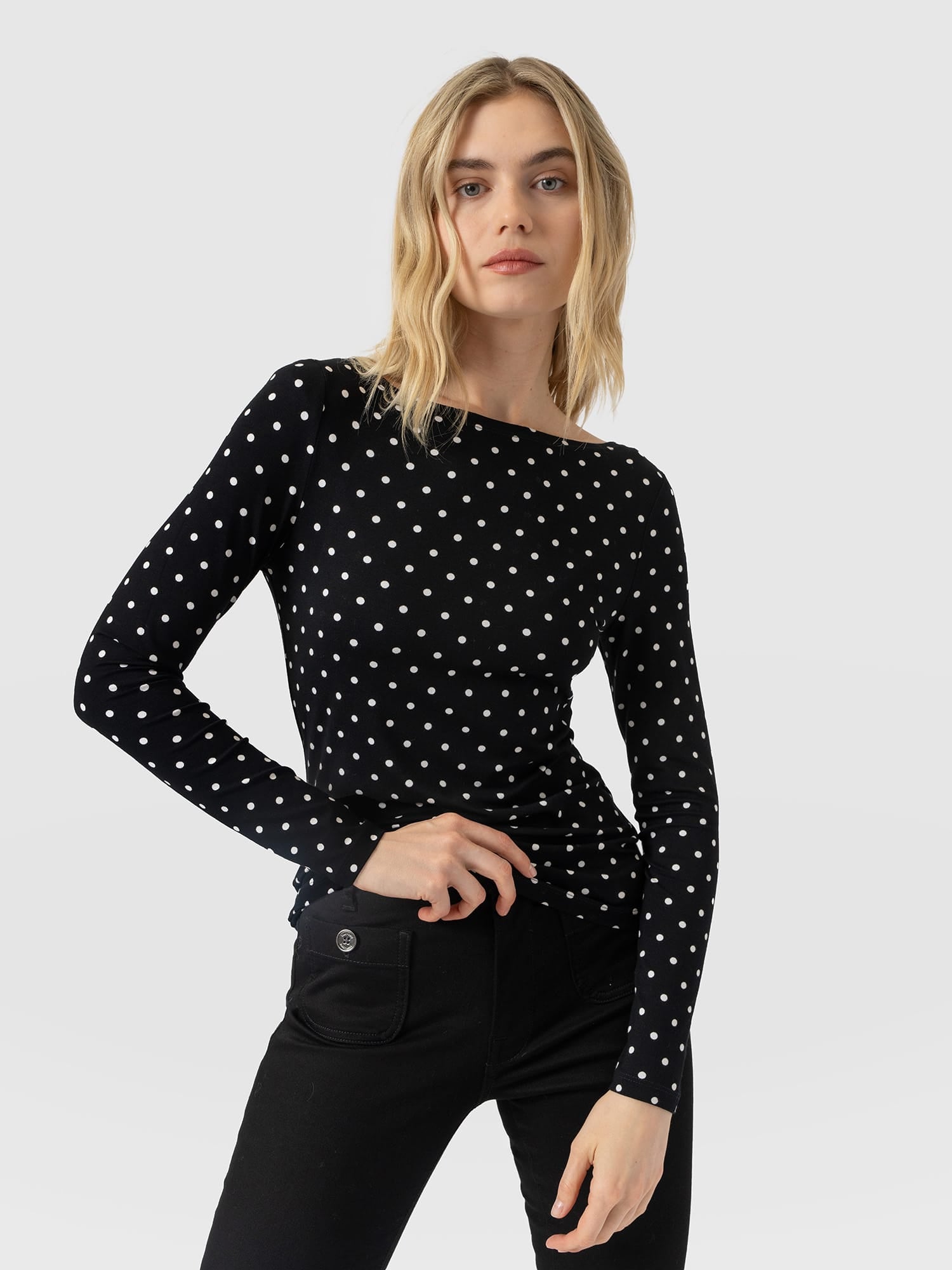 Austen Boat Neck Long Sleeve Tee - Black Polka Dot - Women's T