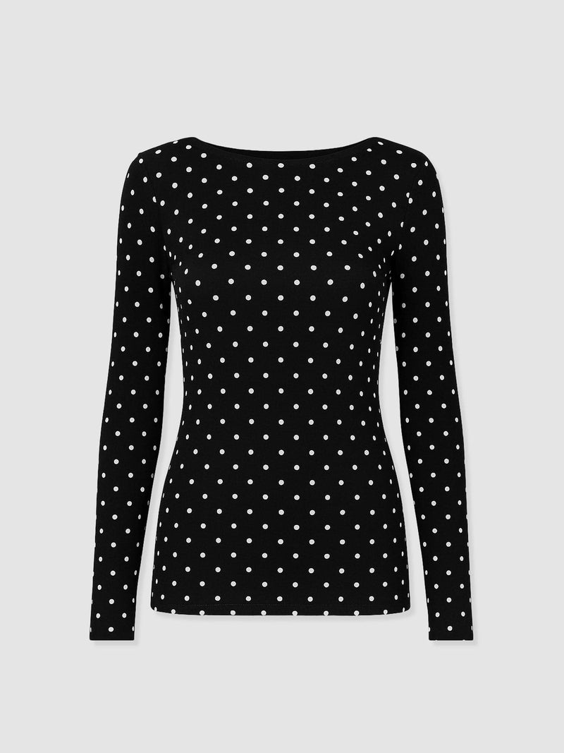 Austen Boat Neck Long Sleeve Tee - Black Polka Dot