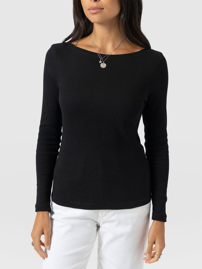 Austen Boat Neck Long Sleeve Tee - Black - Women's T-shirts | Saint + Sofia® UK
