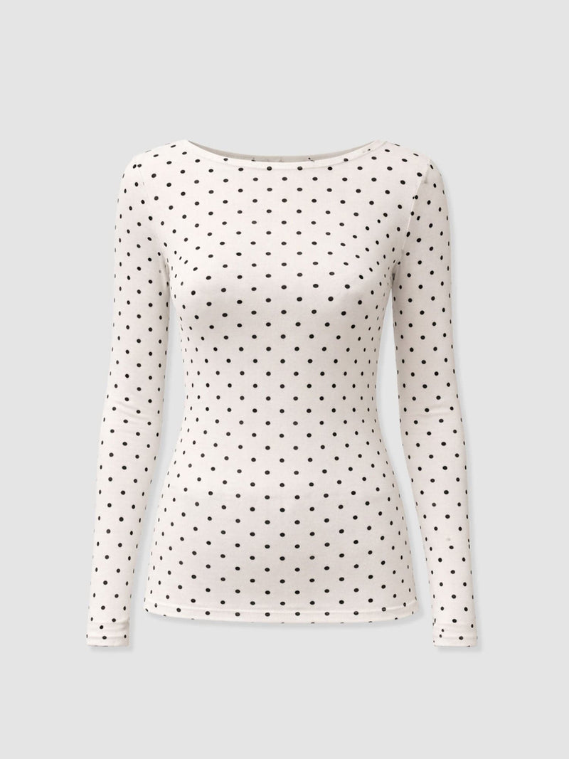 Austen Boat Neck Long Sleeve Tee - Cream Polka Dot