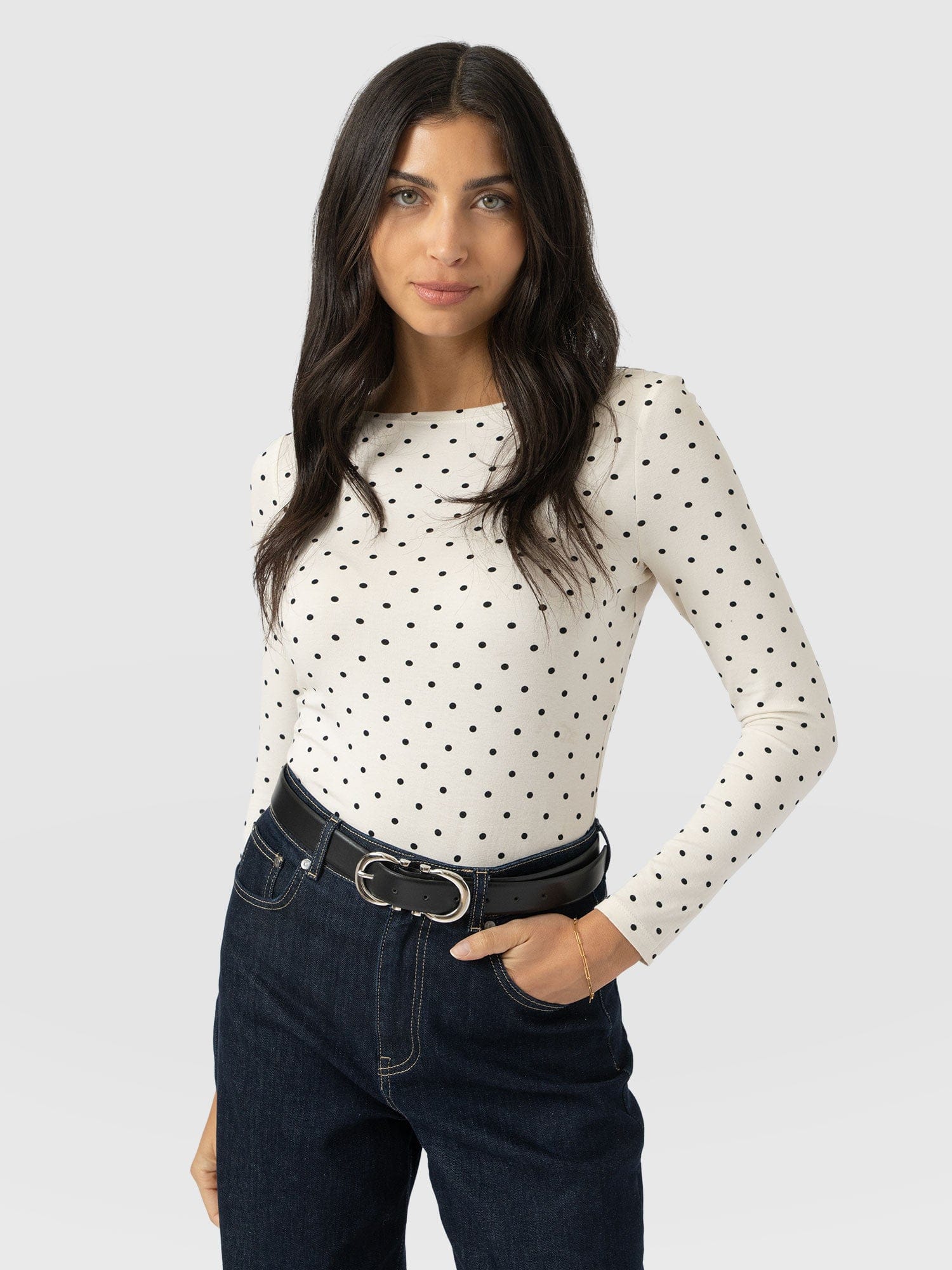 Austen Boat Neck Long Sleeve Tee - Cream Polka Dot - Women's T-shirts | Saint + Sofia® UK