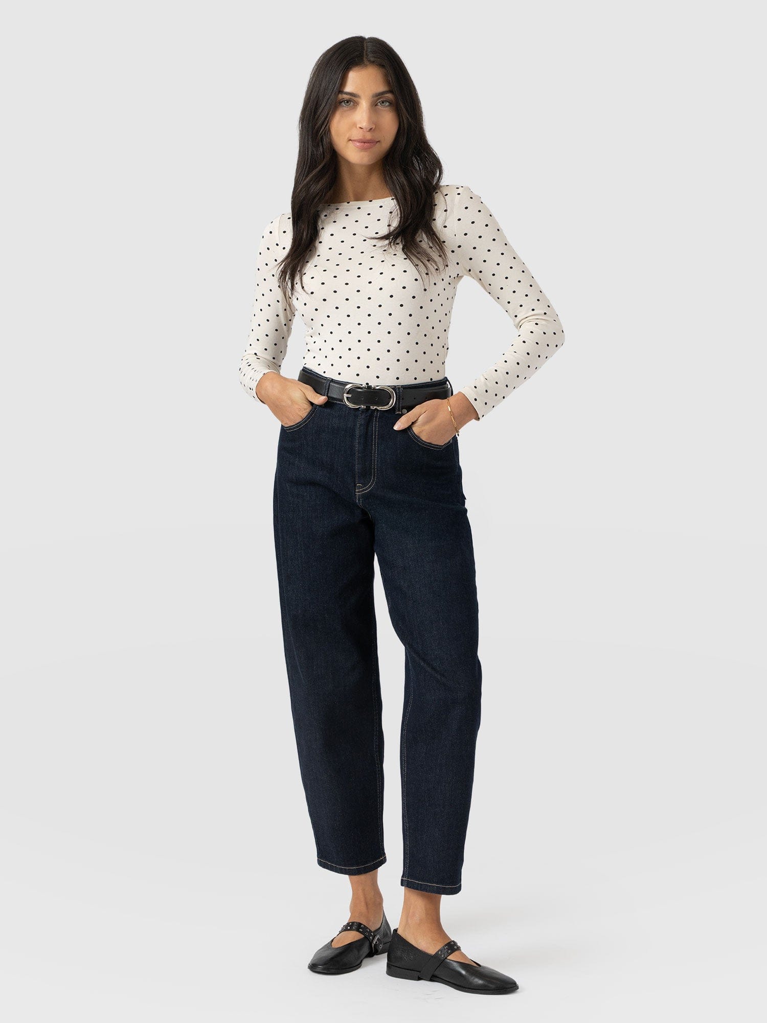 Austen Boat Neck Long Sleeve Tee - Cream Polka Dot - Women's T-shirts | Saint + Sofia® UK