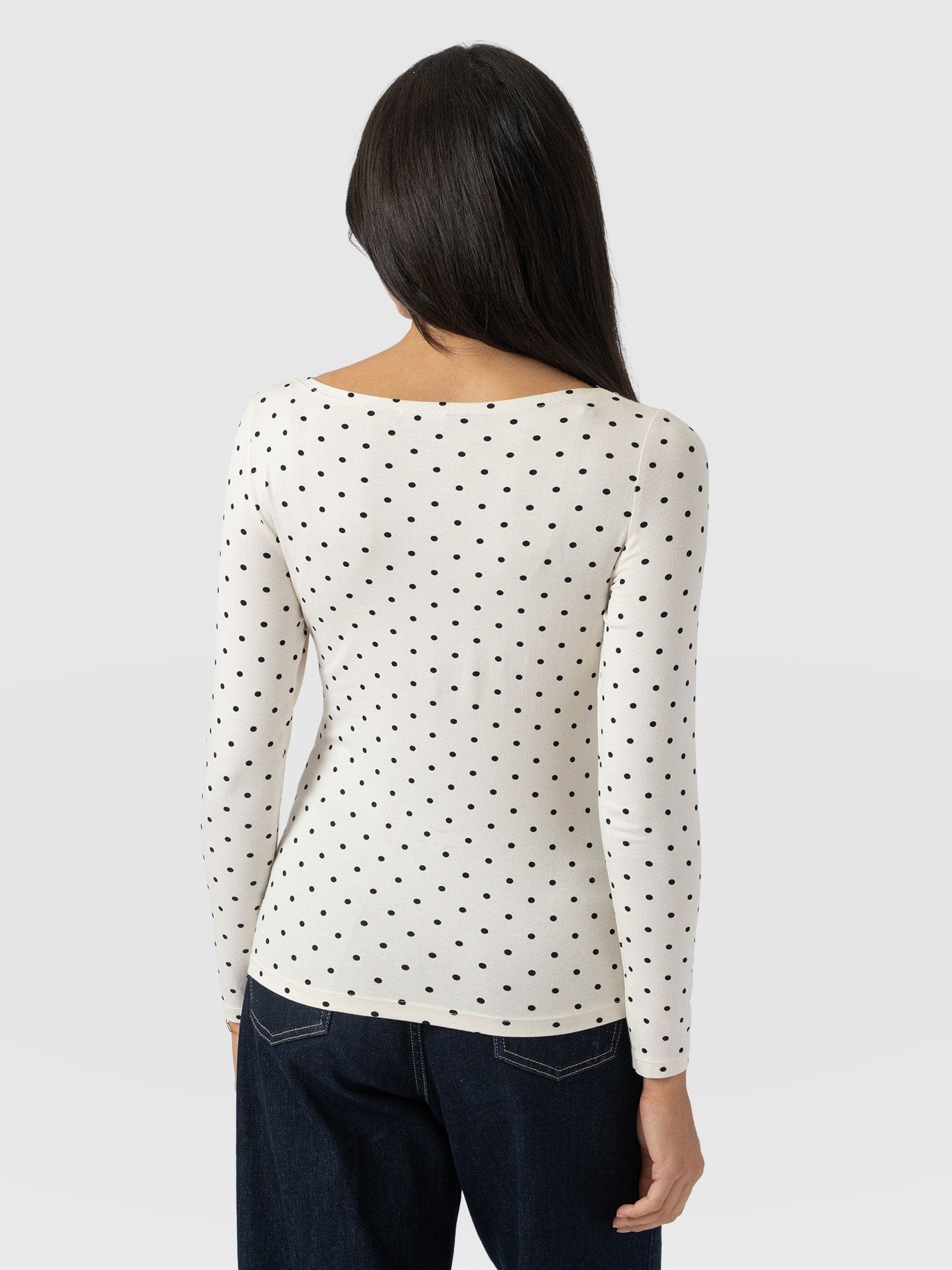 Austen Boat Neck Long Sleeve Tee - Cream Polka Dot