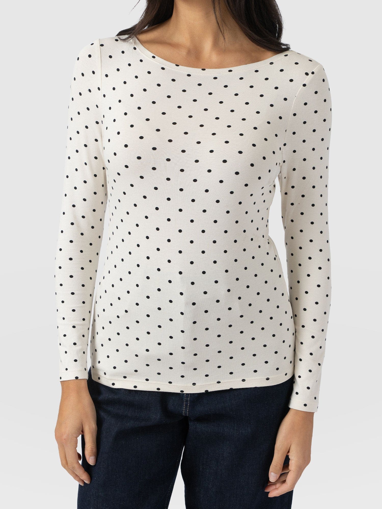 Austen Boat Neck Long Sleeve Tee - Cream Polka Dot