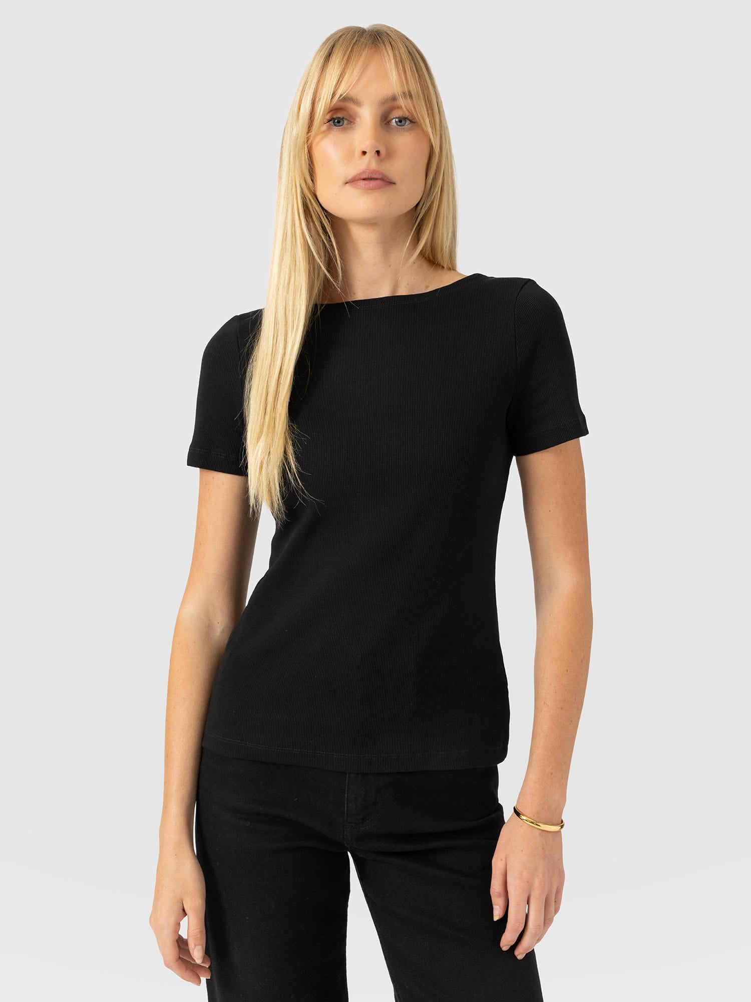 Austen Boat Neck Short Sleeve Tee - Black - Women's T-shirts | Saint and Sofia® UK