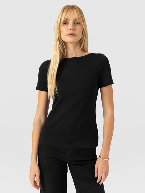 Austen Boat Neck Short Sleeve Tee - Black - Women's T-shirts | Saint and Sofia® UK