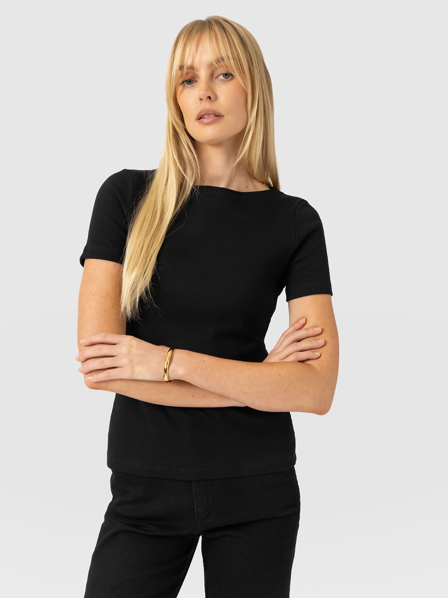 Austen Boat Neck Short Sleeve Tee - Black - Women's T-shirts | Saint and Sofia® UK