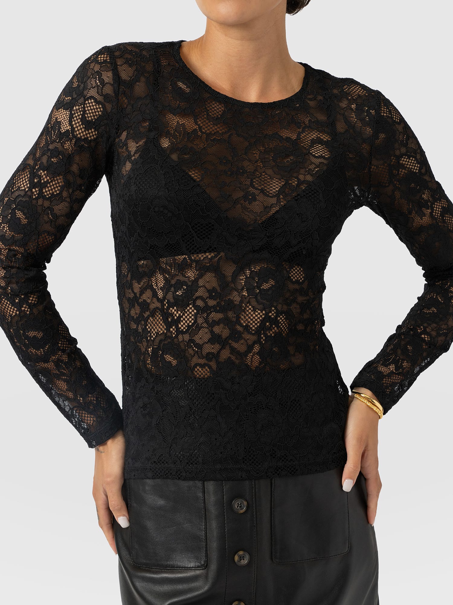 Austen Crew Neck Long Sleeve Tee - Black Lace - Women's T-shirts | Saint and Sofia® UK