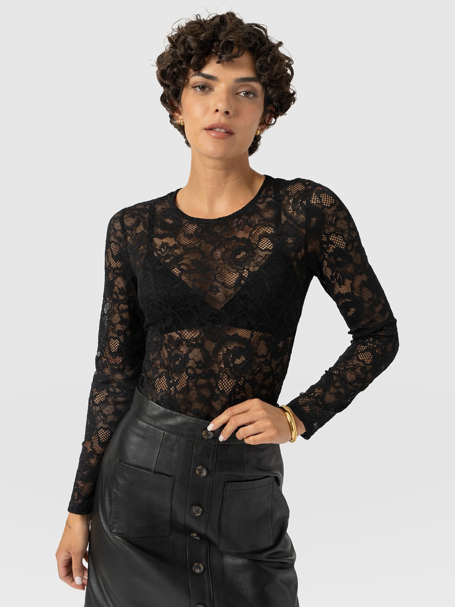 Austen Crew Neck Long Sleeve Tee - Black Lace - Women's T-shirts | Saint and Sofia® UK