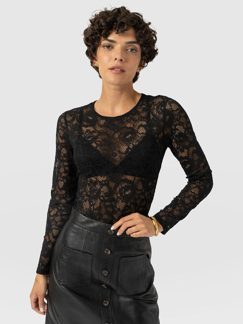 Austen Crew Neck Long Sleeve Tee - Black Lace