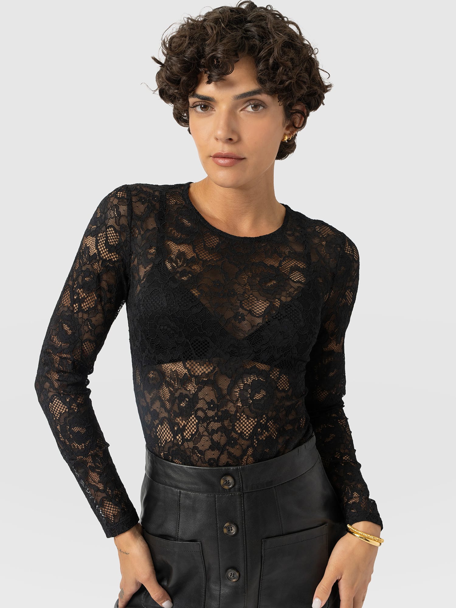 Austen Crew Neck Long Sleeve Tee - Black Lace - Women's T-shirts | Saint and Sofia® UK