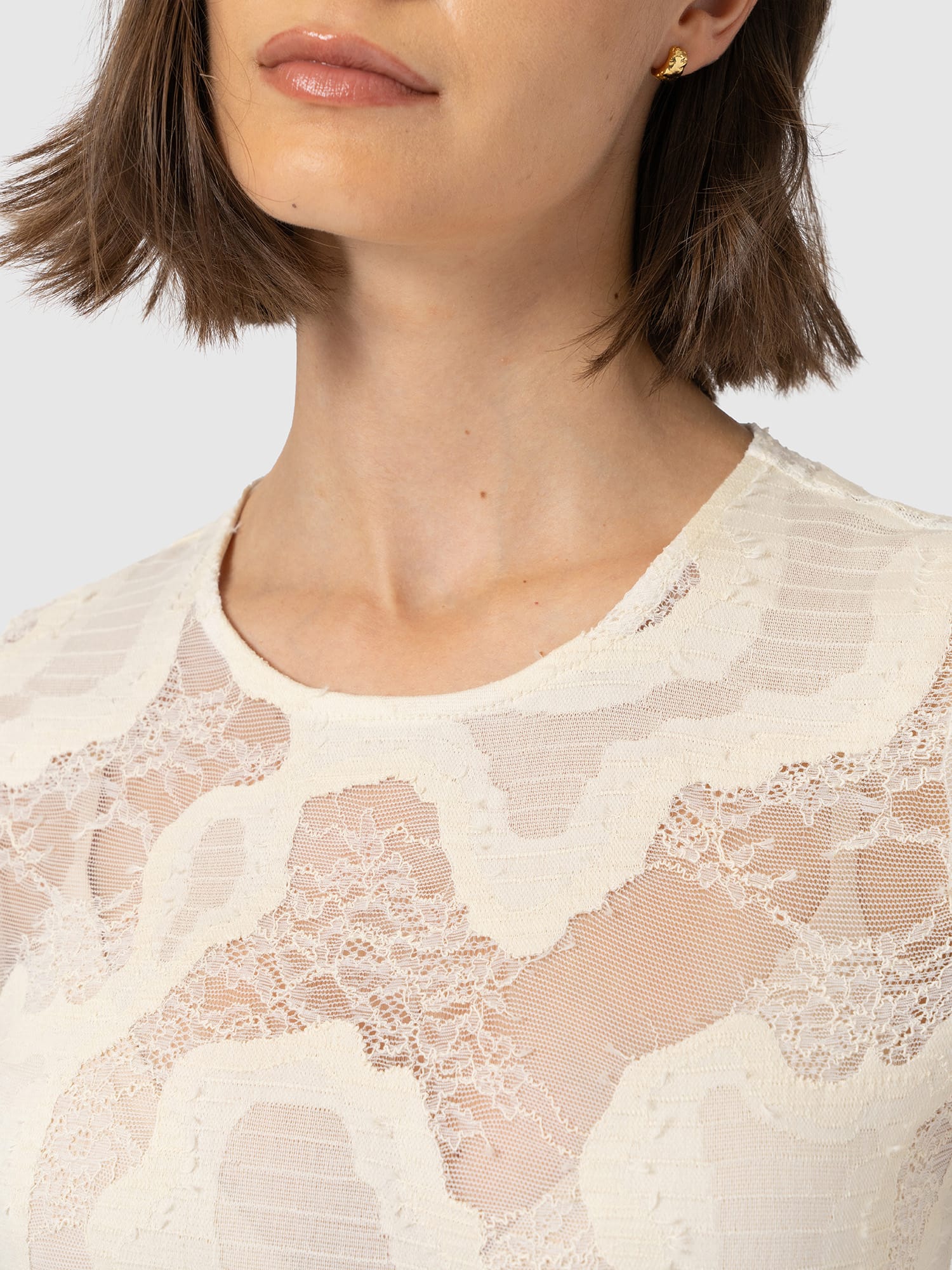 Austen Crew Neck Long Sleeve Tee - Cream Lace