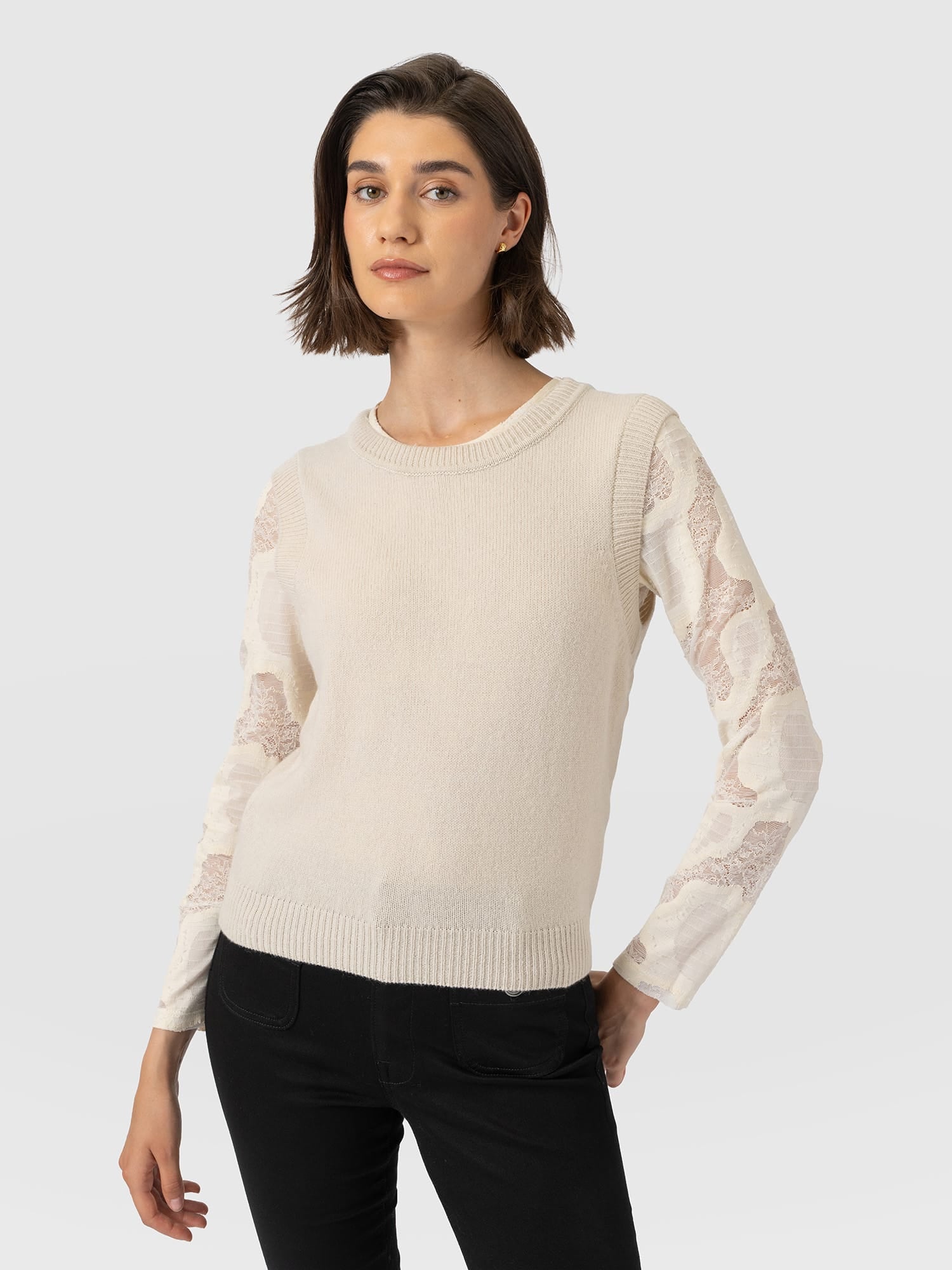 Austen Crew Neck Long Sleeve Tee - Cream Lace