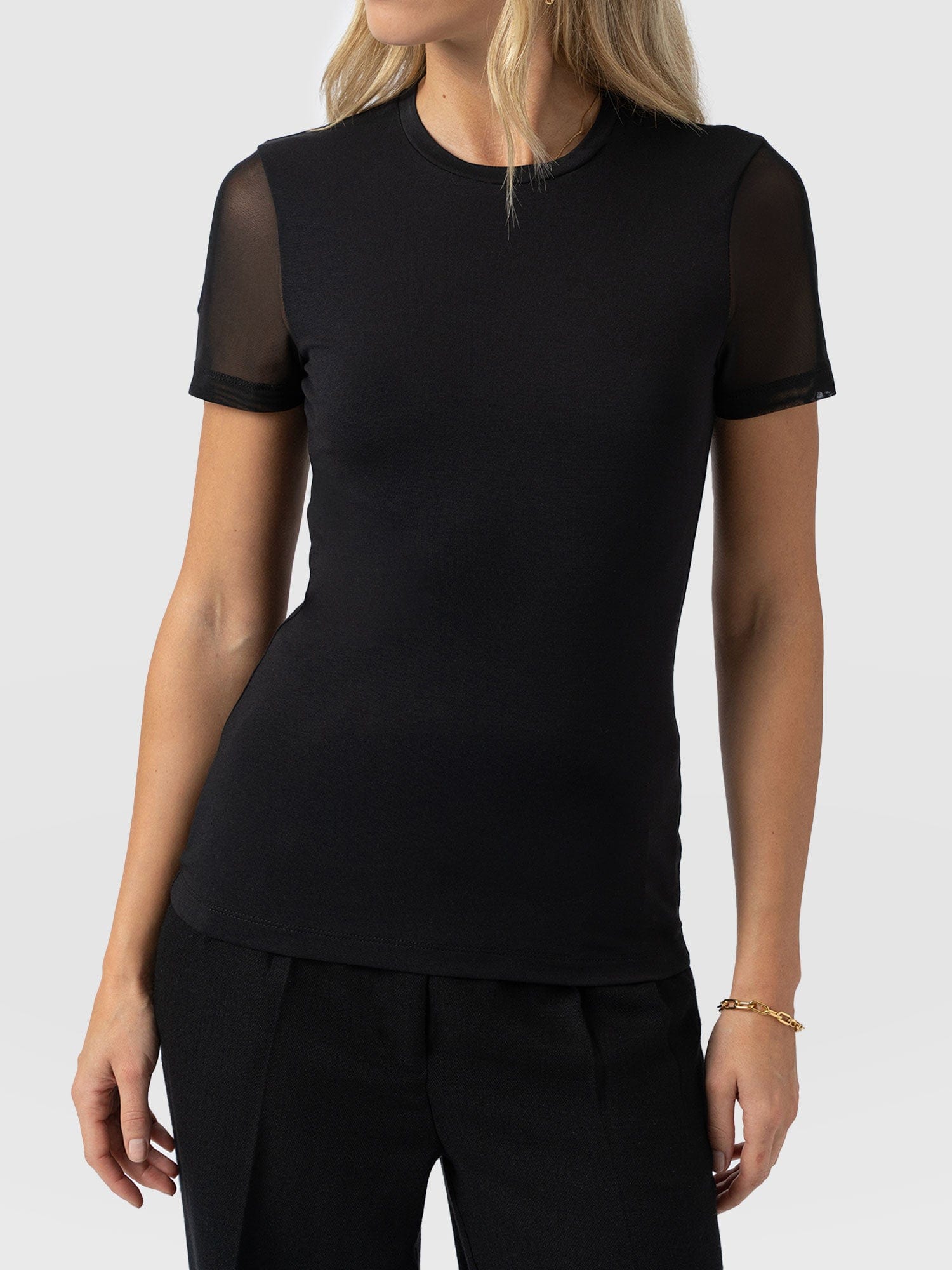 Austen Crew Neck Tee Short Sleeve - Black Mesh - Women's T-shirts | Saint + Sofia® UK