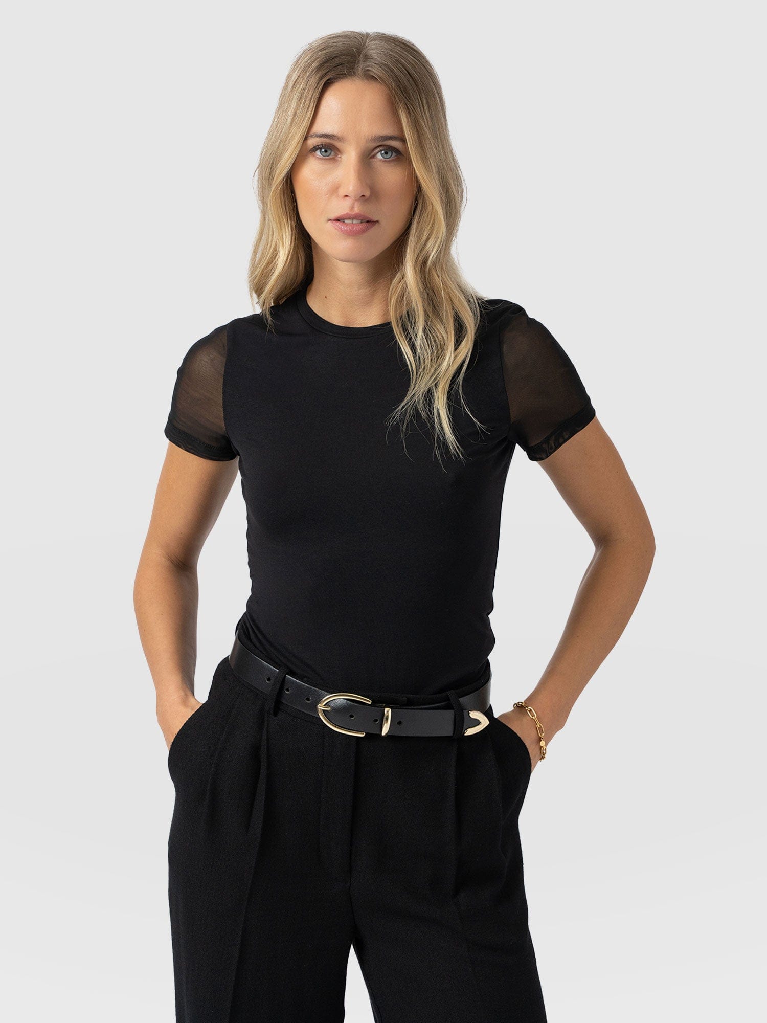 Austen Crew Neck Tee Short Sleeve - Black Mesh - Women's T-shirts | Saint + Sofia® UK