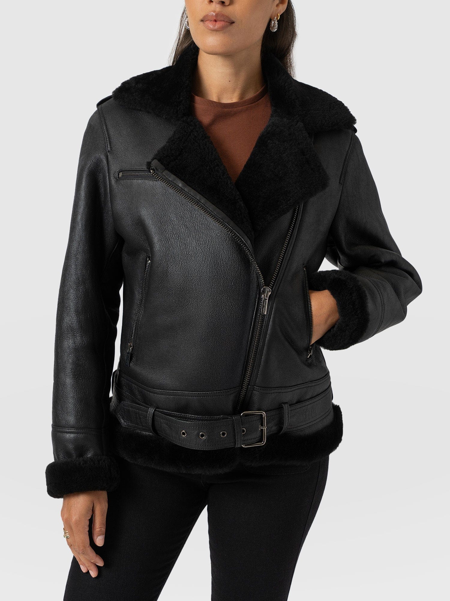 Aviator Shearling Jacket Black - Women's Jackets | Saint + Sofia® UK
