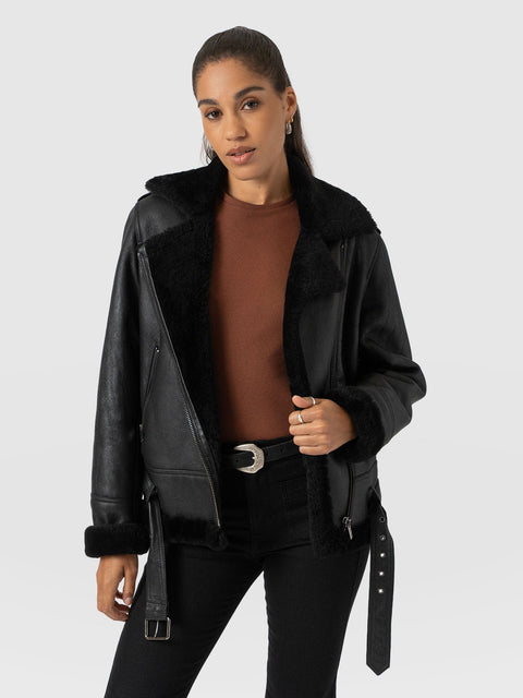 Aviator Shearling Jacket Black - Women's Jackets | Saint + Sofia® UK