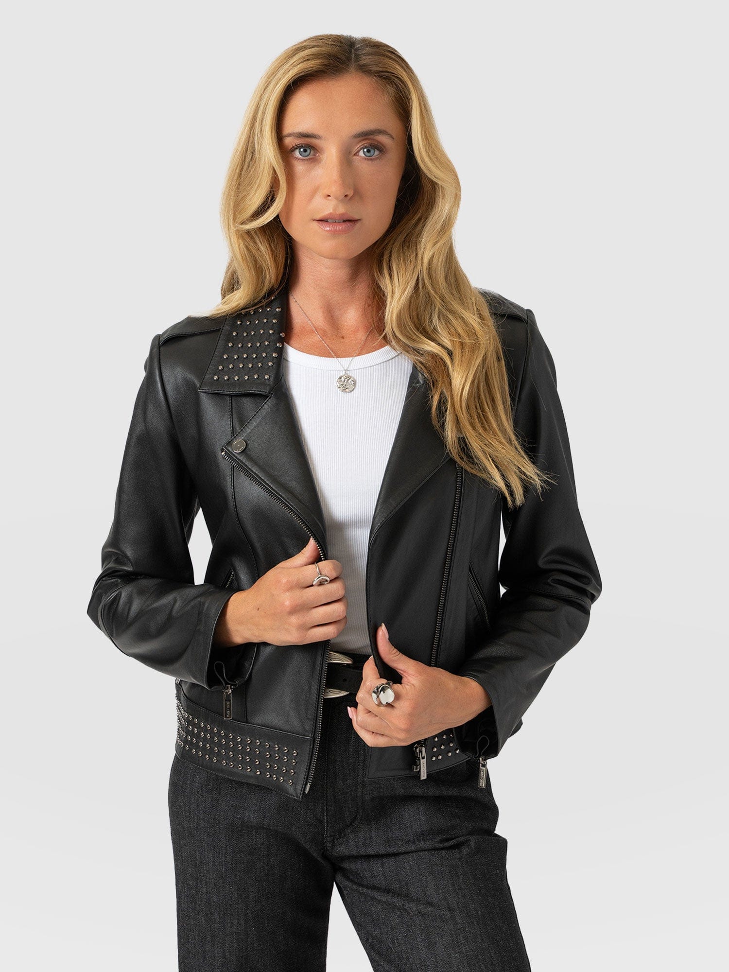 Bonham Studded Biker Jacket Black - Women's Leather Jacket | Saint + Sofia® UK