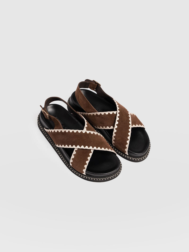 Bonnie Cross Over Sandals - Chocolate Suede - Women's Shoes | Saint + Sofia® UK