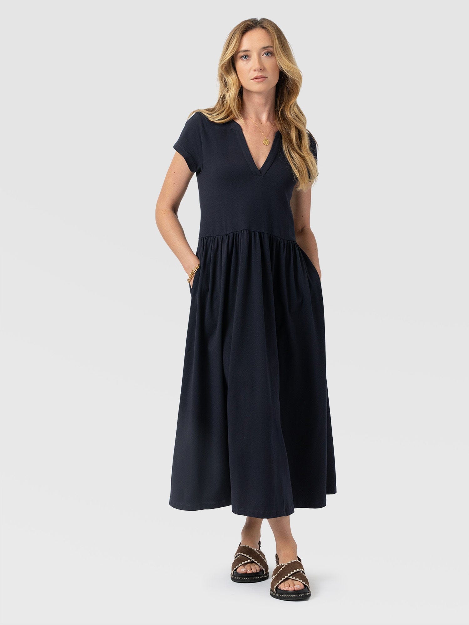 Bonnie V Neck Dress - Navy