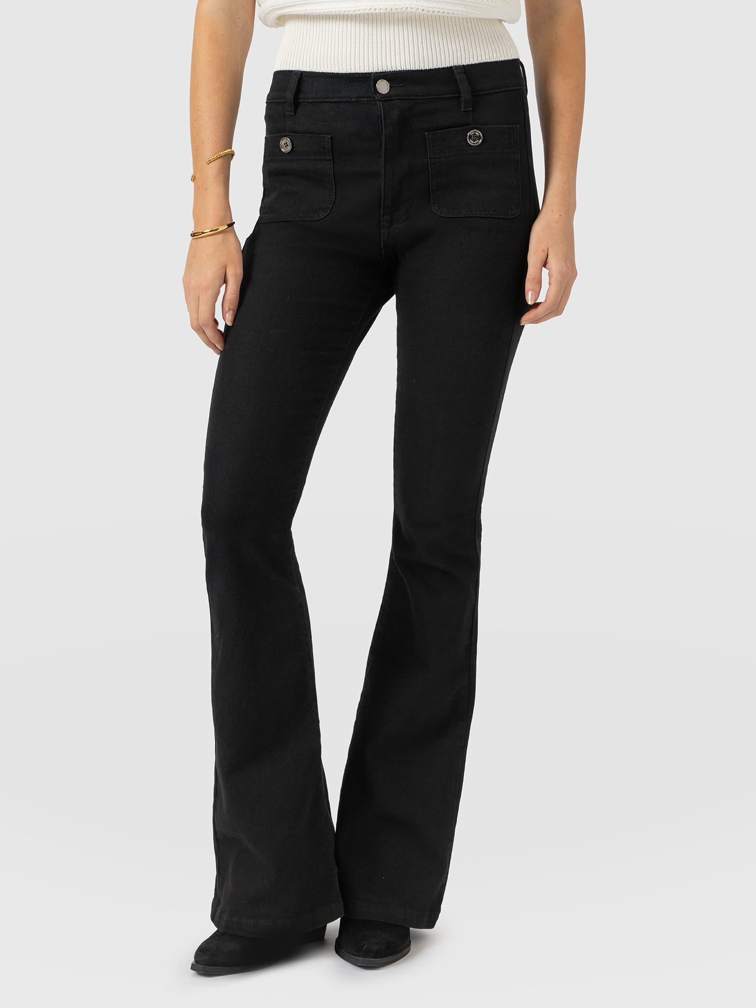 Bowie Stretch Flare Jeans Jet Black - Women's Jeans | Saint and Sofia® UK