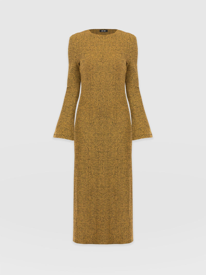 Callie Fluted Midi Dress - Mustard Melange