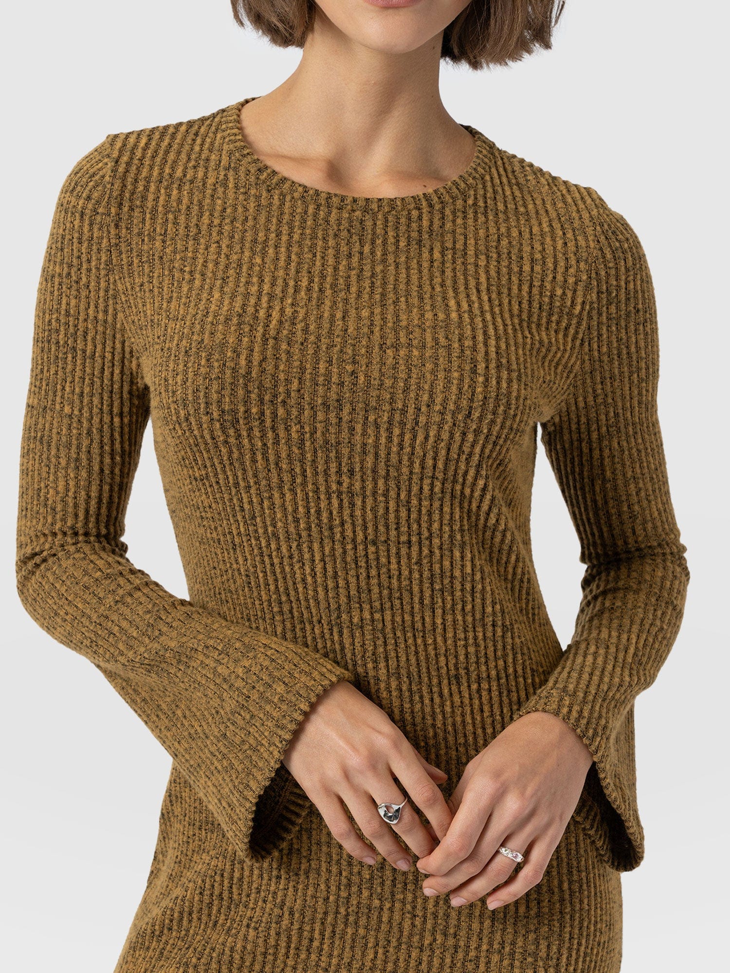 Callie Fluted Midi Dress - Mustard Melange