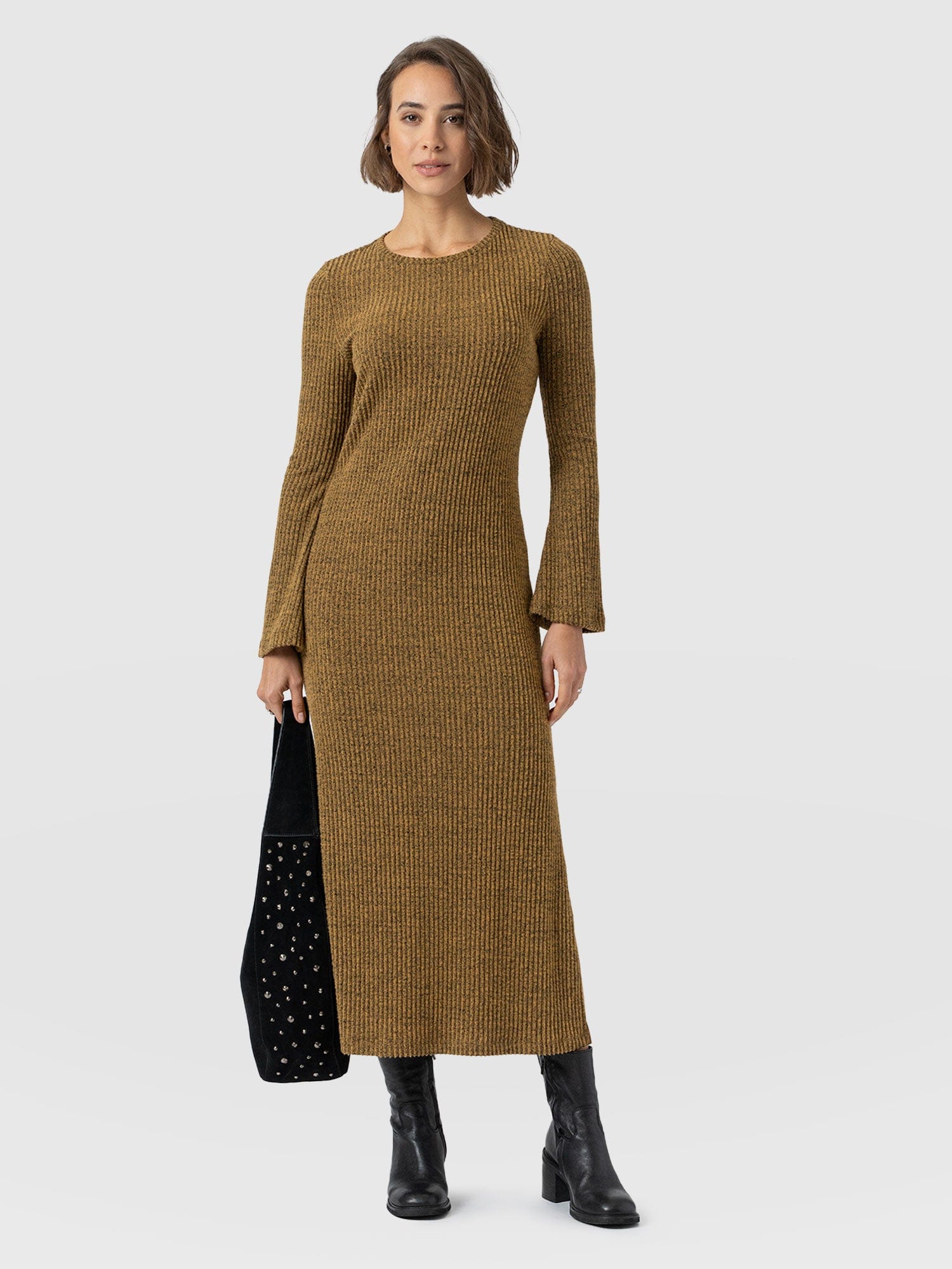 Callie Fluted Midi Dress - Mustard Melange - Women's Dresses | Saint + Sofia® UK