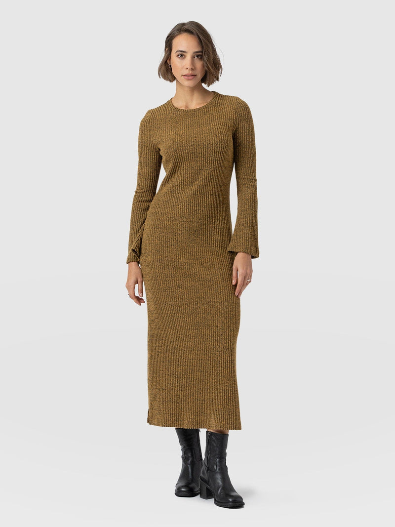 Callie Fluted Midi Dress - Mustard Melange