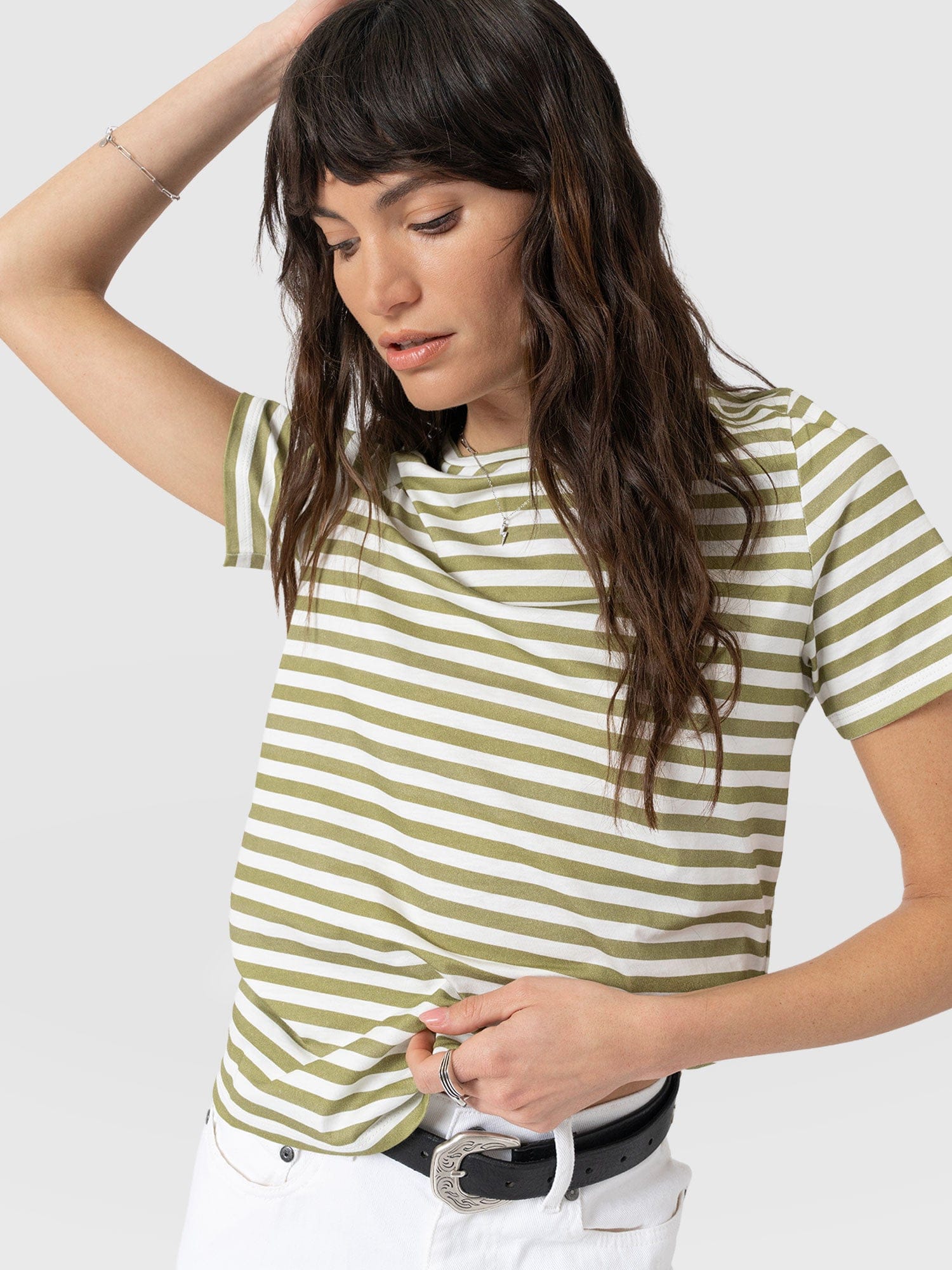 Chelsea Crew Neck Tee - Green Stripe - Women's T-shirts | Saint + Sofia® UK