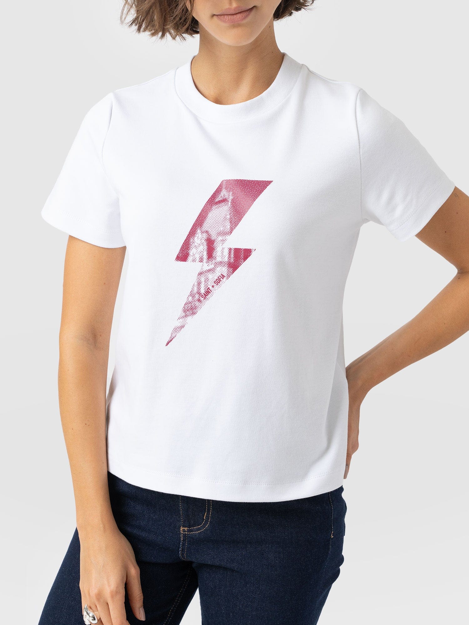 Chelsea Crew Neck Tee - White - Pink Lightning Bolt