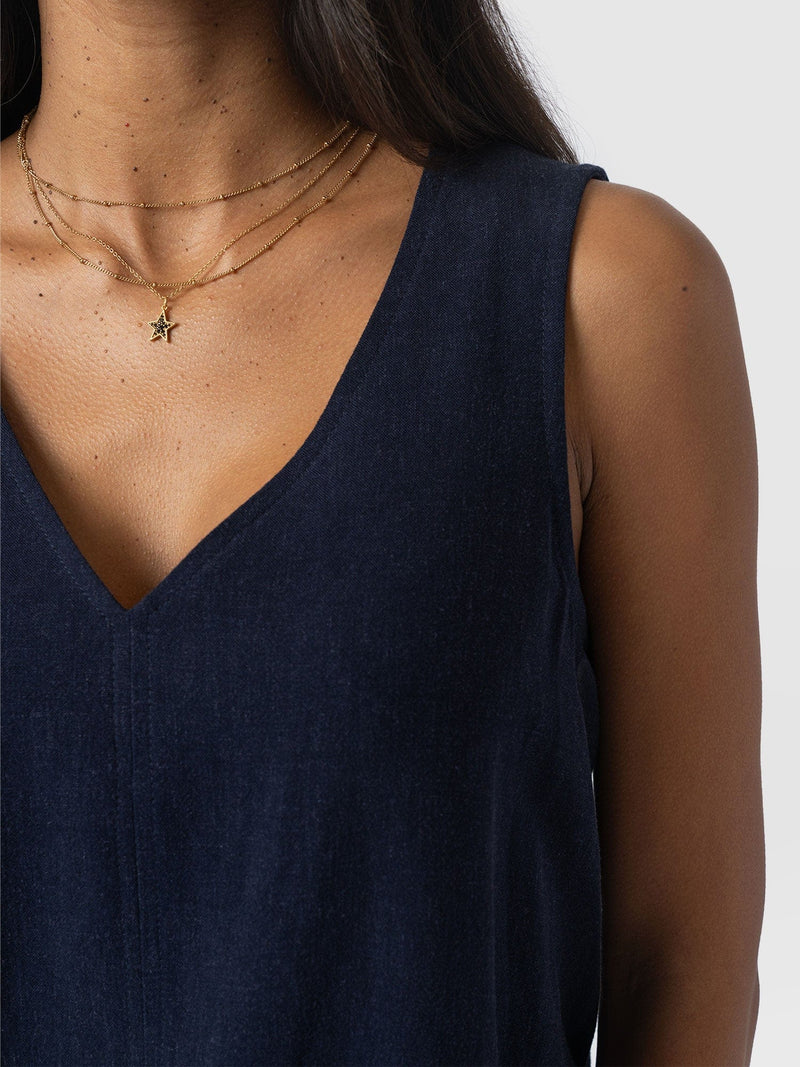 Corinne Linen V Neck Tunic - Navy