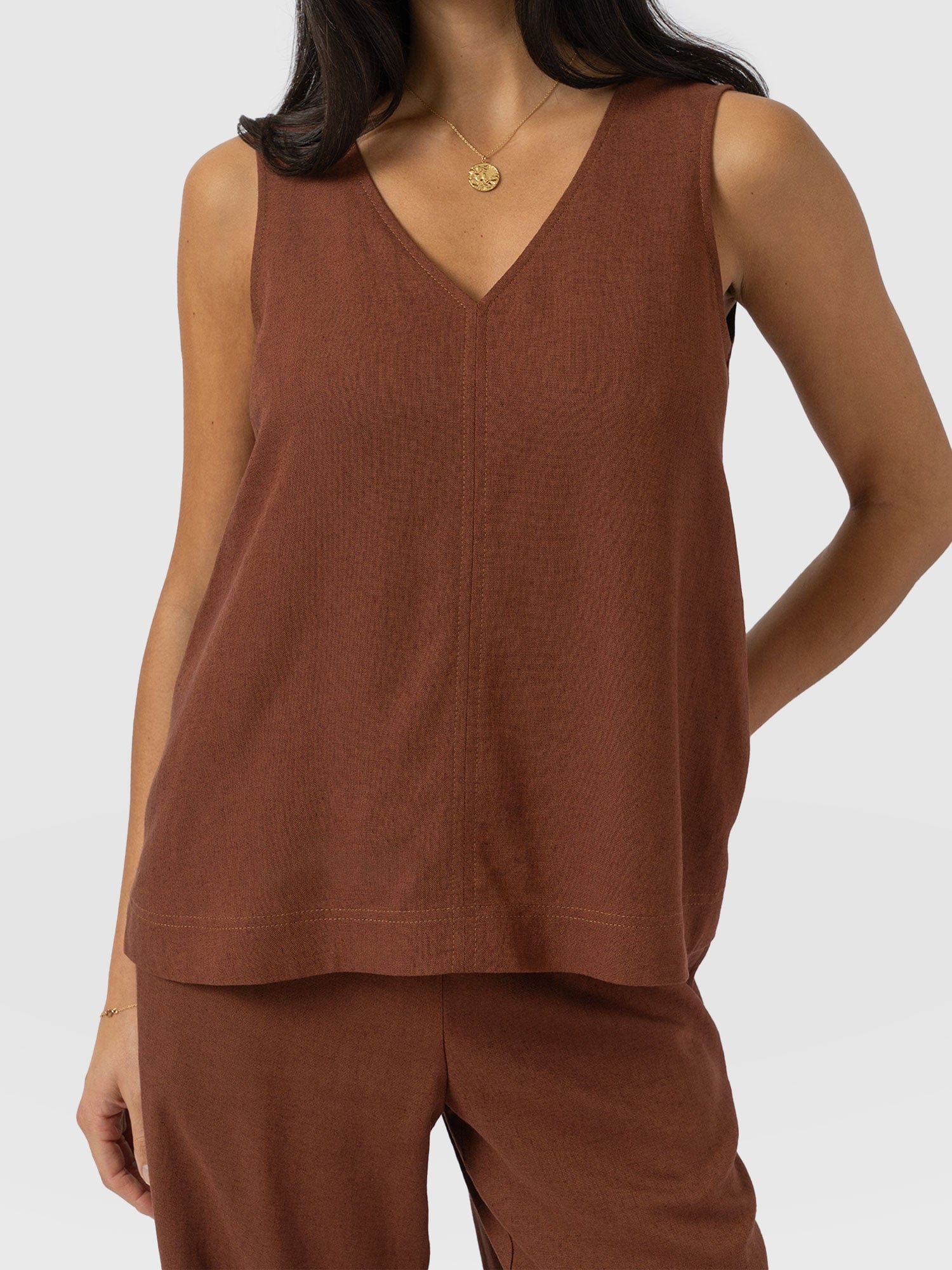 Corinne Linen V Neck Tunic - Russet Brown - Women's Tops | Saint + Sofia® UK