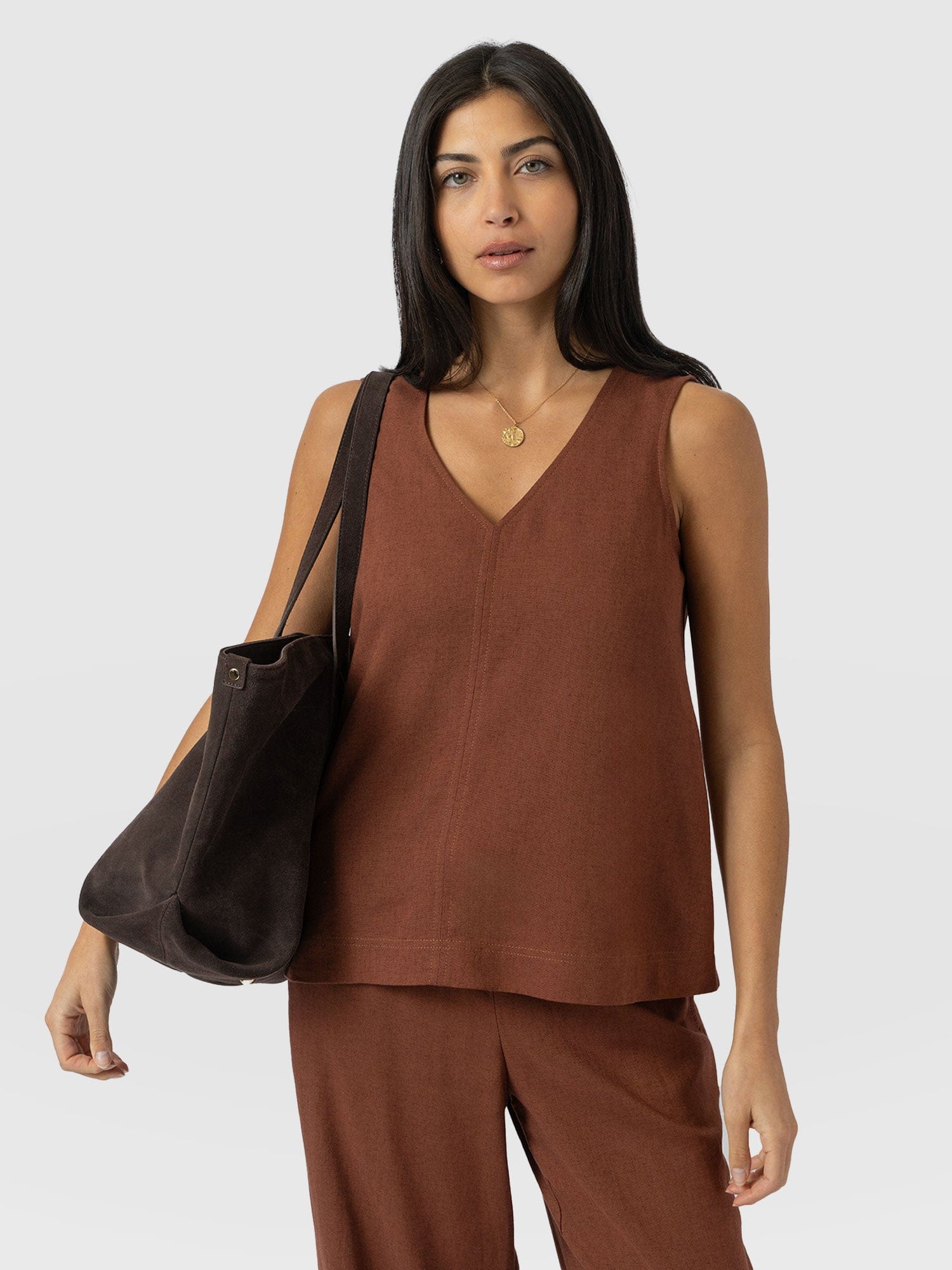 Corinne Linen V Neck Tunic - Russet Brown - Women's Tops | Saint + Sofia® UK