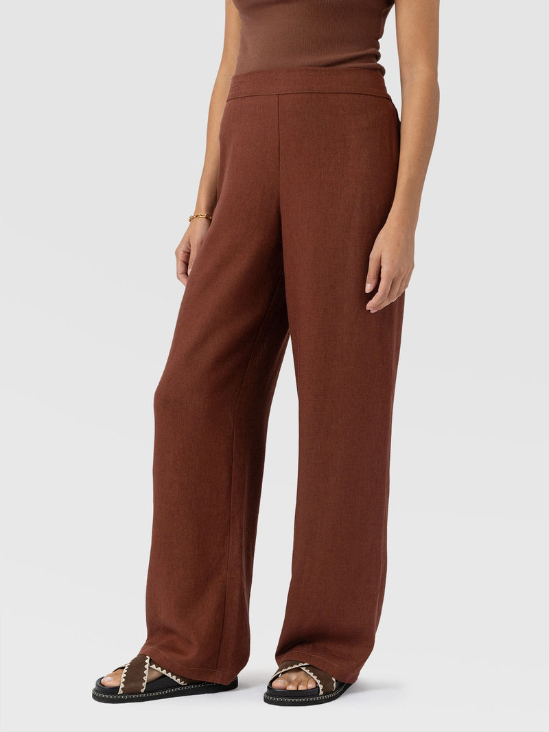 Corinne Wide Leg Linen Pant - Russet Brown - Women's Trousers | Saint + Sofia® UK