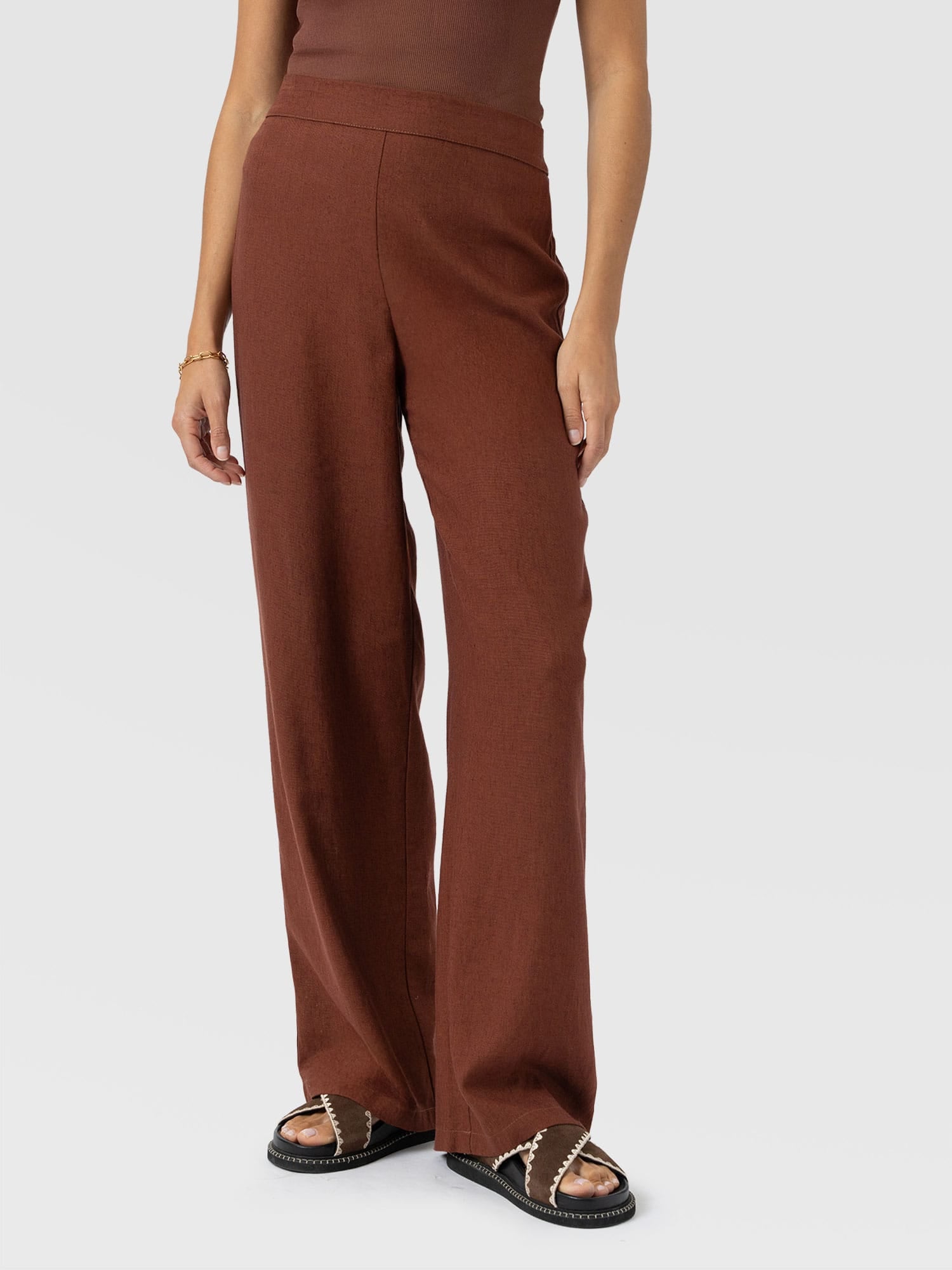 Corinne Wide Leg Linen Pant - Russet Brown - Women's Trousers | Saint + Sofia® UK