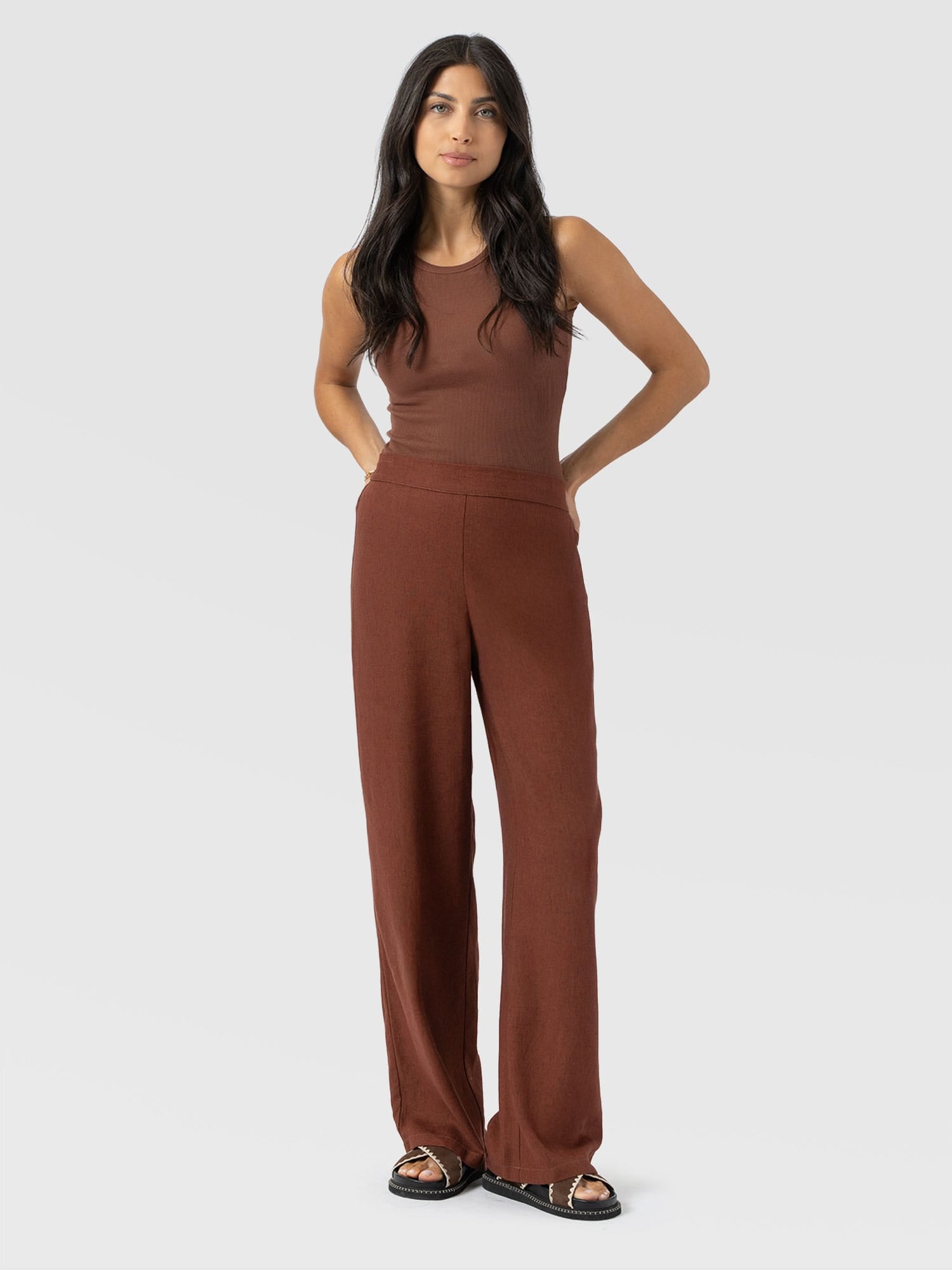 Corinne Wide Leg Linen Pant - Russet Brown - Women's Trousers | Saint + Sofia® UK