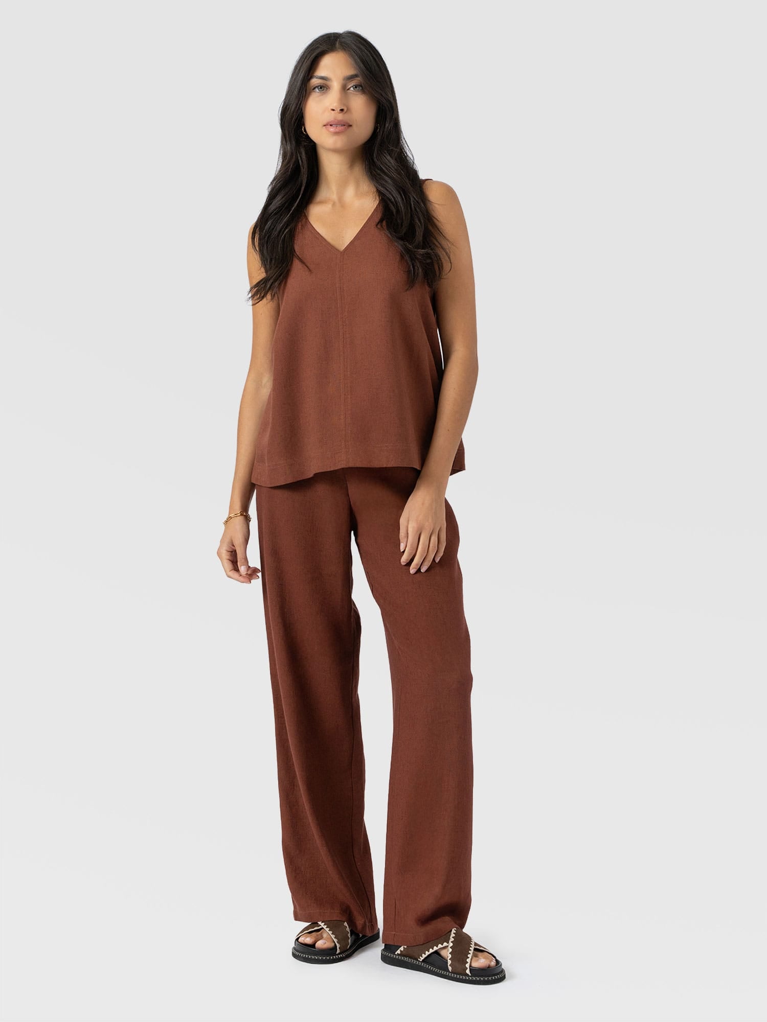 Corinne Wide Leg Linen Pant - Russet Brown - Women's Trousers | Saint + Sofia® UK