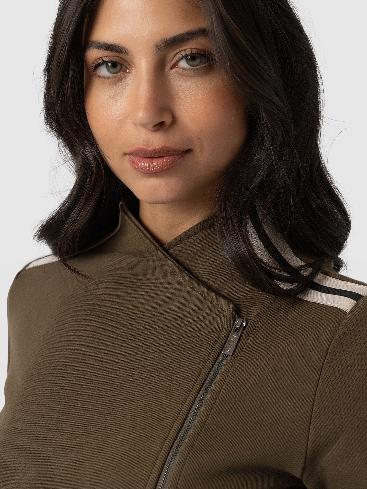Cotton Biker Jacket - Khaki - Cream Stripe - Women's Jackets | Saint + Sofia® UK