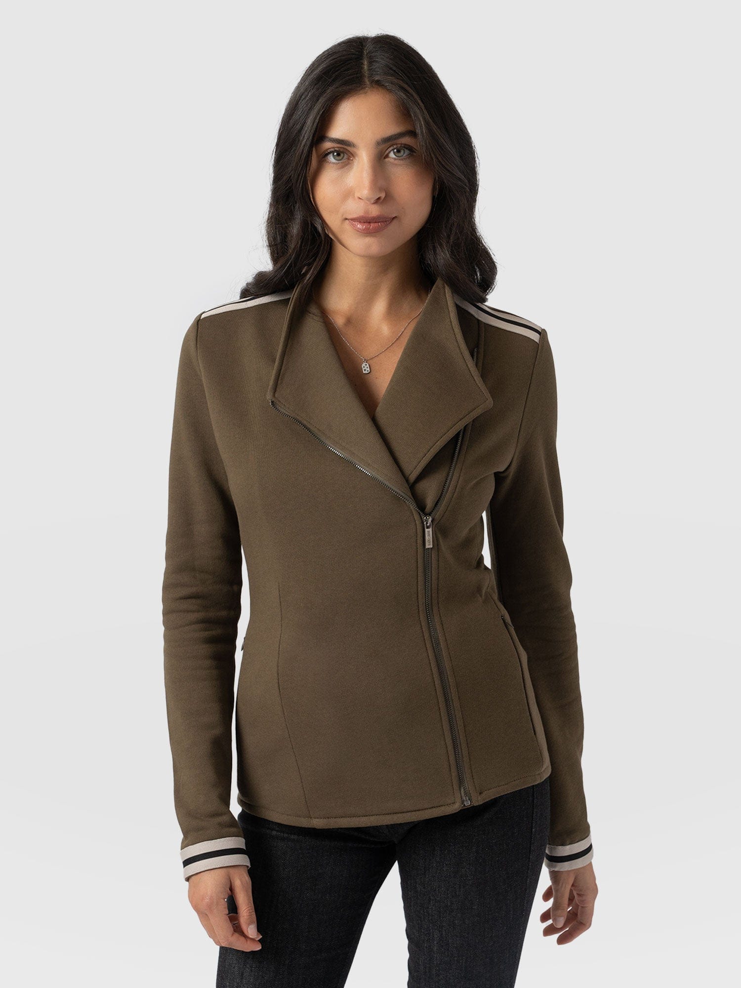 Cotton Biker Jacket - Khaki - Cream Stripe - Women's Jackets | Saint + Sofia® UK