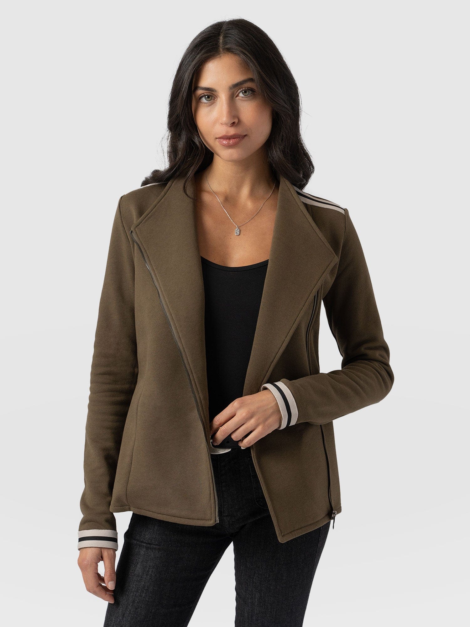 Cotton Biker Jacket - Khaki - Cream Stripe - Women's Jackets | Saint + Sofia® UK