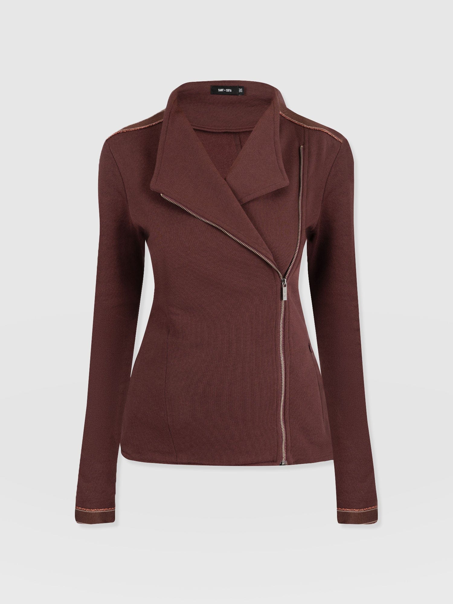 Cotton Biker Jacket - Maroon - Bronze Stripe - Women's Jackets | Saint + Sofia® UK
