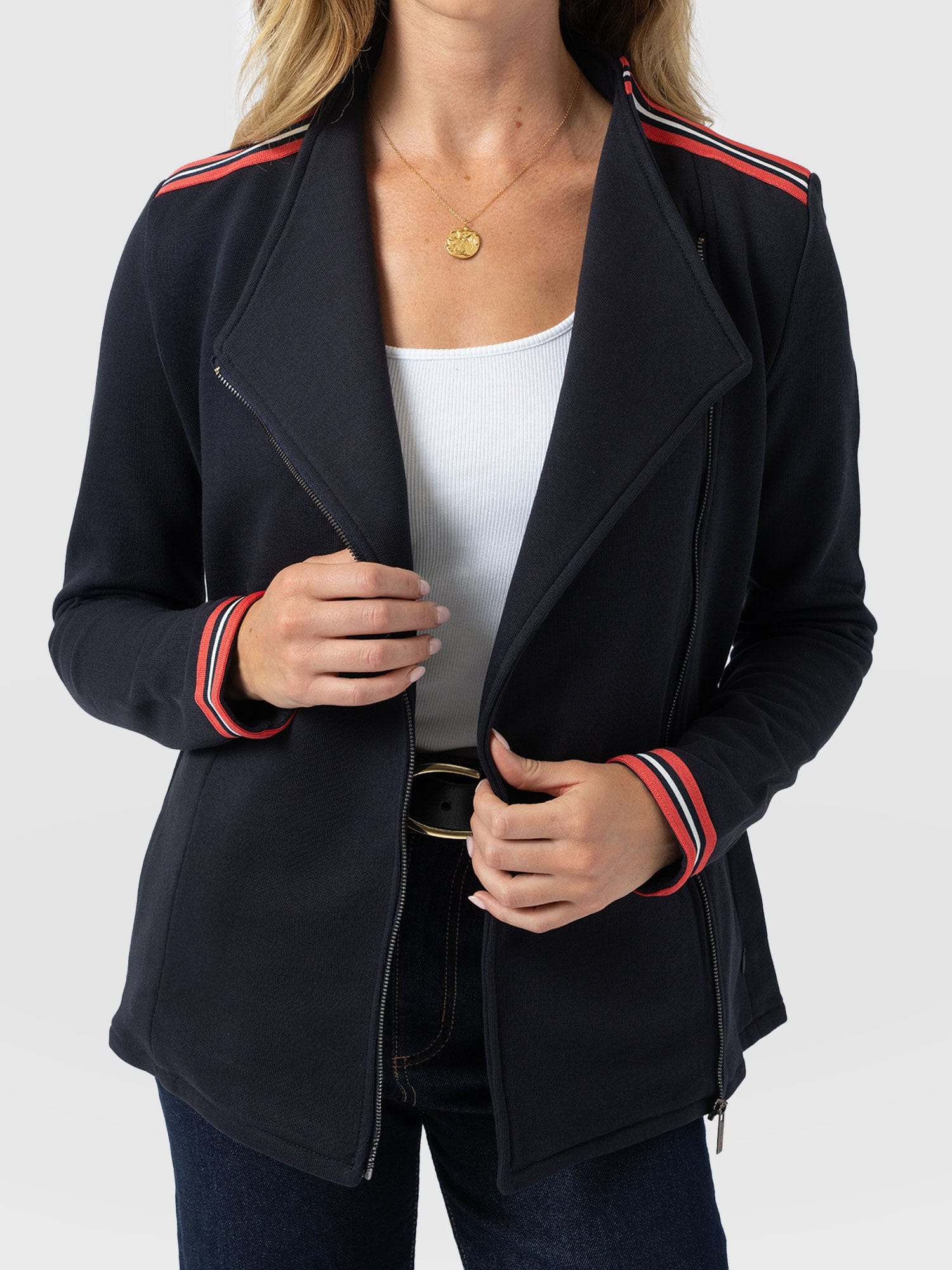 Cotton Biker Jacket Navy Stripe - Women's Jackets | Saint + Sofia® UK
