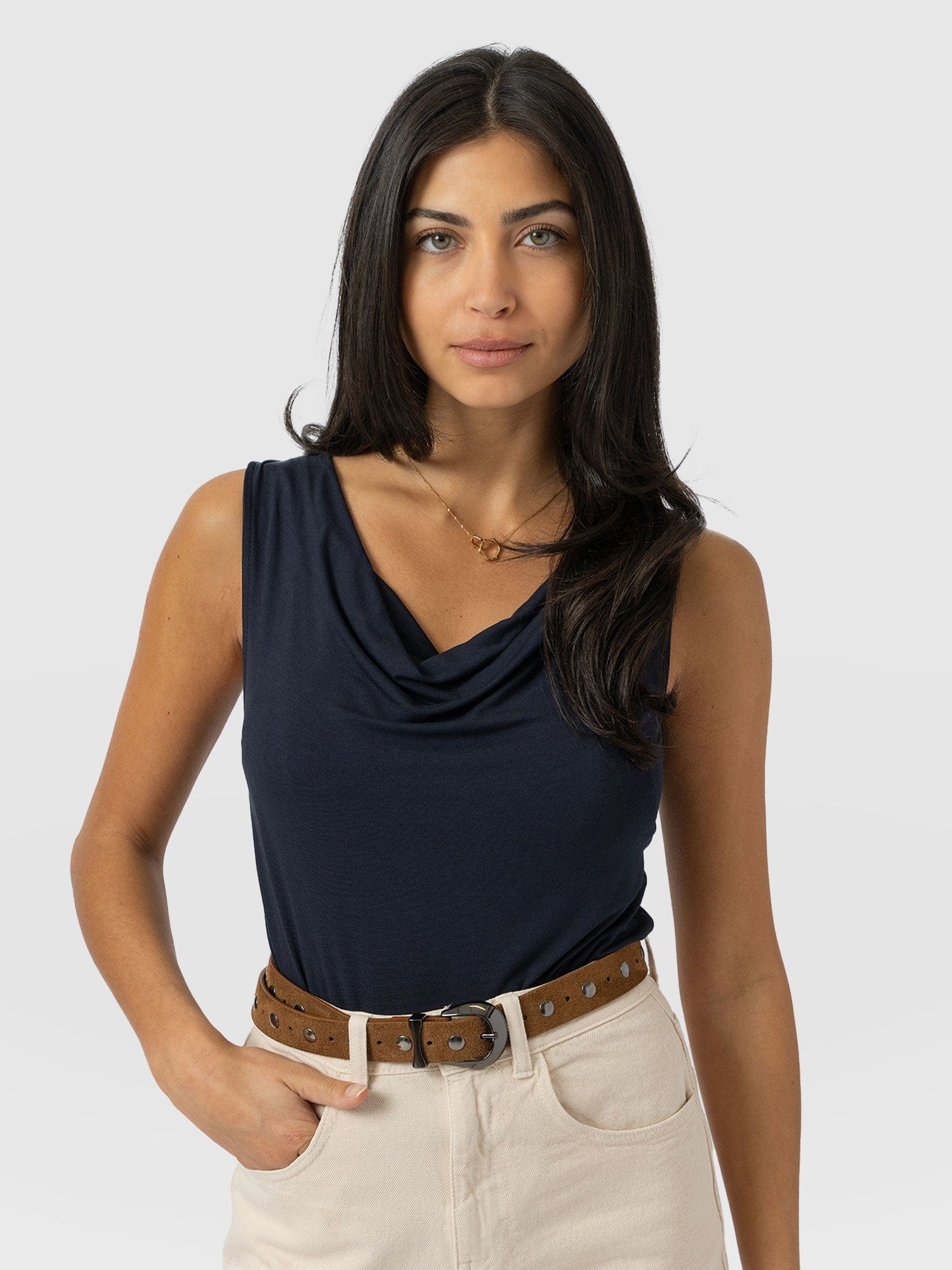 Cowl Neck Cami Navy - Women's T-Shirts | Saint + Sofia® UK