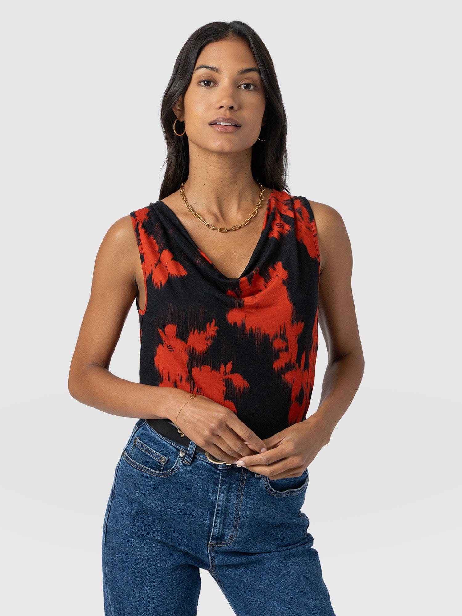 Cowl Neck Cami - Orange Fade Floral - Women's T-shirts | Saint + Sofia® UK