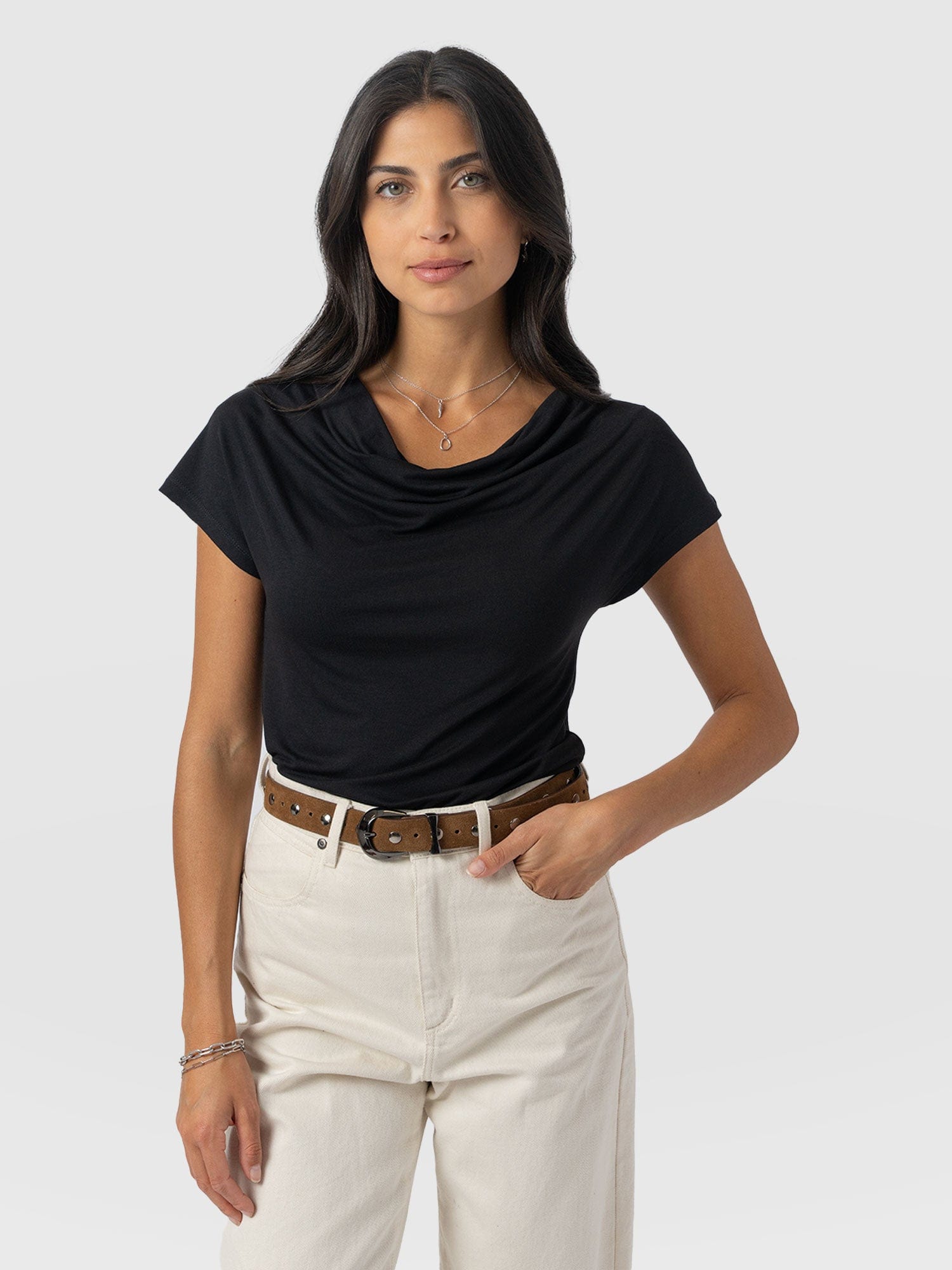 Cowl Neck Tee Black - Women's T-Shirts | Saint + Sofia® UK