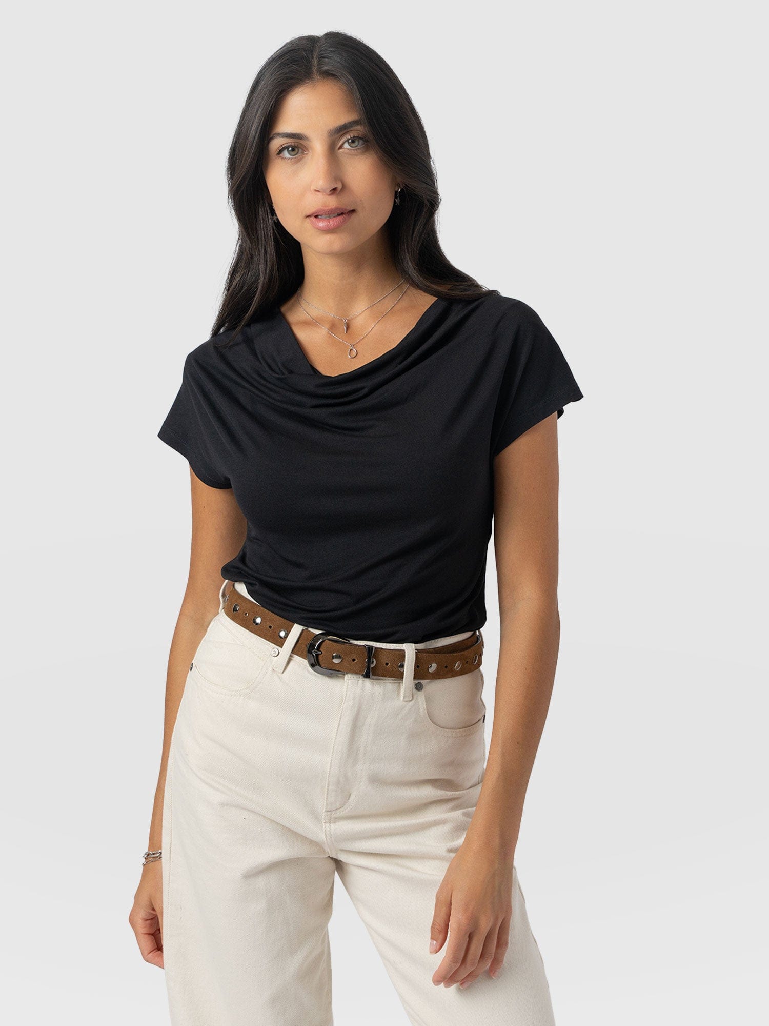 Cowl Neck Tee Black - Women's T-Shirts | Saint + Sofia® UK