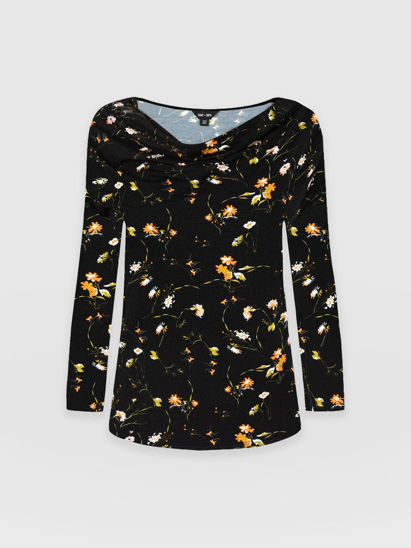 Cowl Neck Tee Long Sleeve - Black Floral