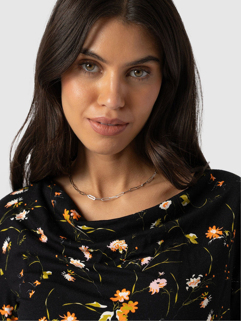 Cowl Neck Tee Long Sleeve - Black Floral